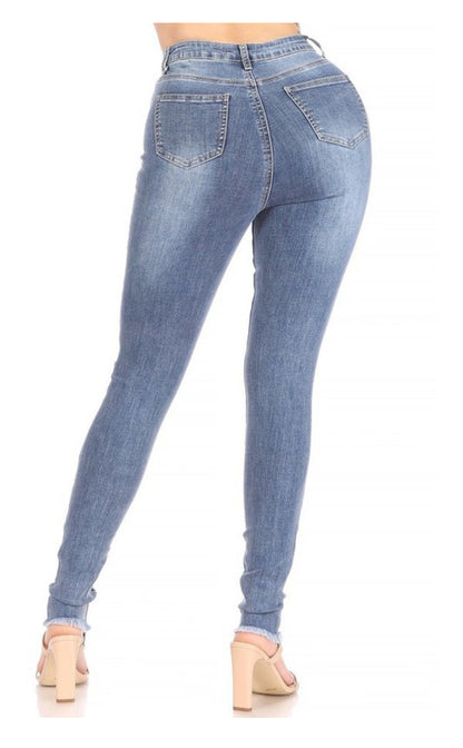 High Waist Stretchy Skinny Jeans with Cut on Knee