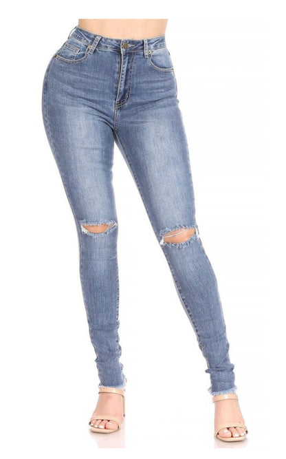 High Waist Stretchy Skinny Jeans with Cut on Knee