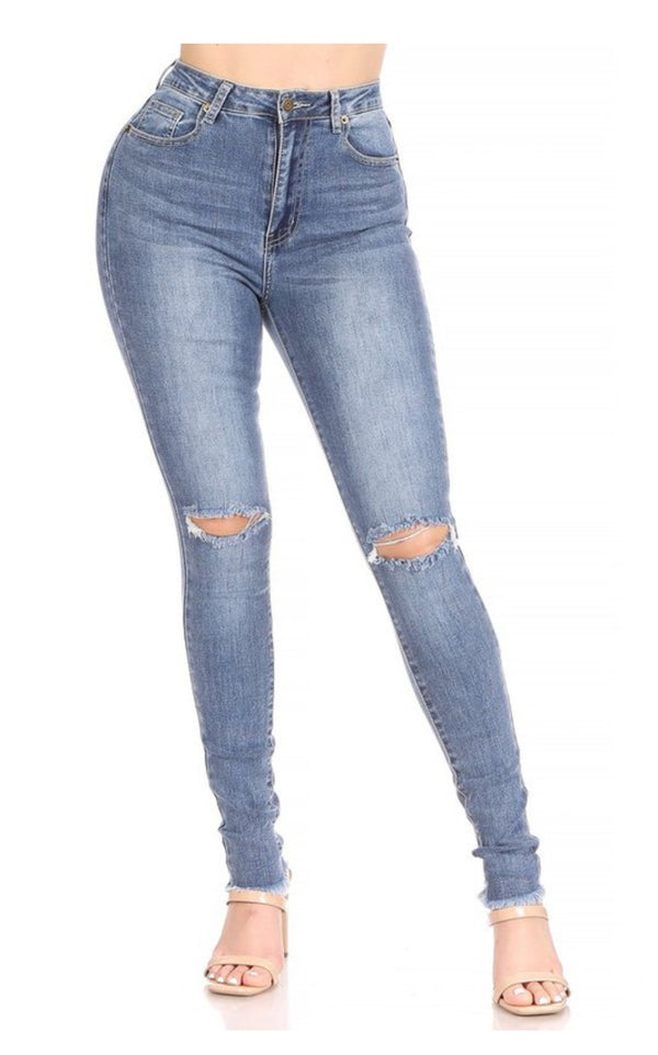 High Waist Stretchy Skinny Jeans with Cut on Knee