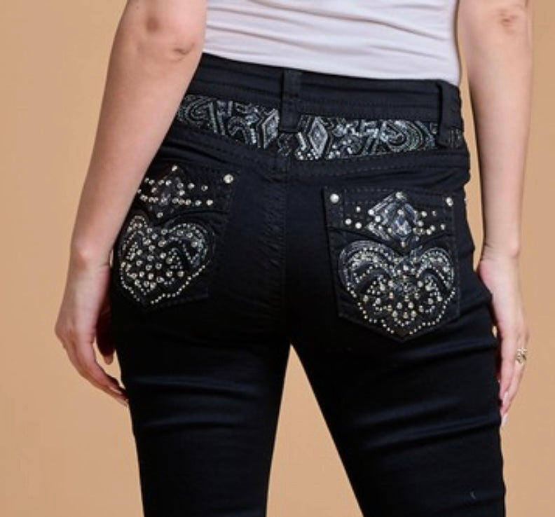 Women's High Waist Boot Cut Jeans with Embroidered Waist and Back Pockets