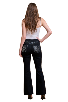 Women's High Waist Boot Cut Jeans with Embroidered Waist and Back Pockets