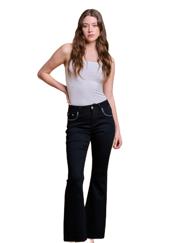 Women's High Waist Boot Cut Jeans with Embroidered Waist and Back Pockets