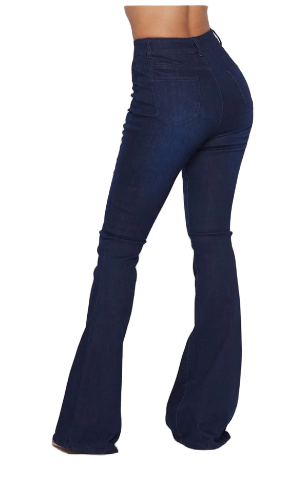 High Waist Flare Bottom Dark Blue Denim Jeans