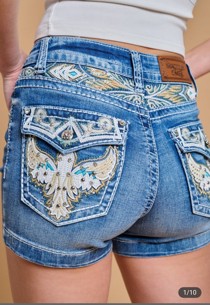 High Waist Embroidered Waist and Back Pockets Shorts