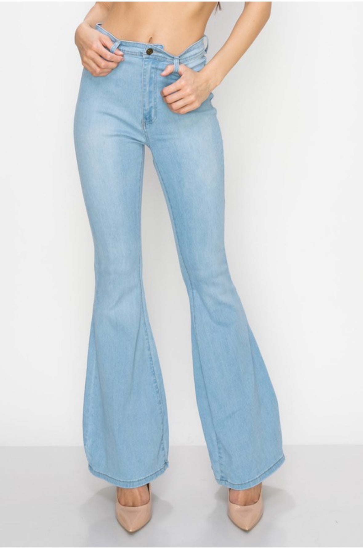 High Waist Flared Bottom Light Blue Denim Jeans