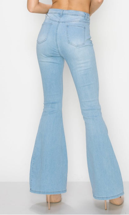 High Waist Flared Bottom Light Blue Denim Jeans