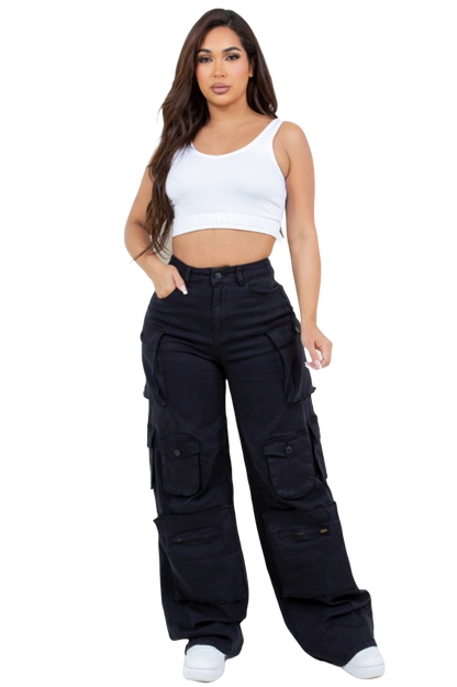 High Waist Relaxed Fit Multi Pocket Cargo Pants