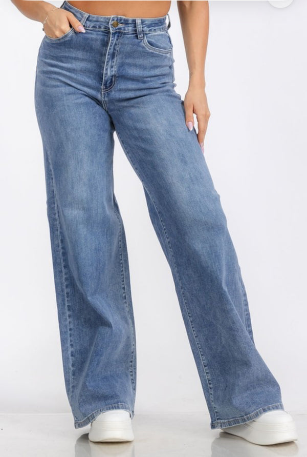 High Waist Denim Wide Leg Straight Jeans