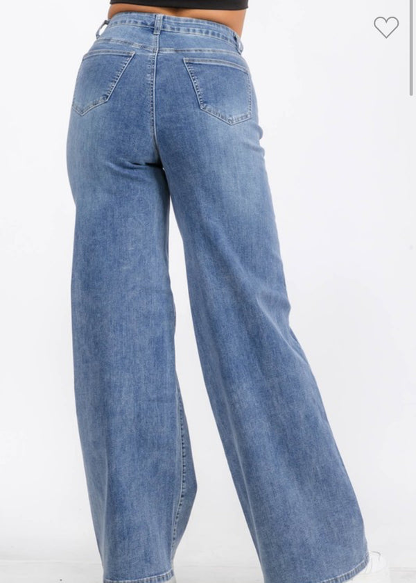 High Waist Denim Wide Leg Straight Jeans