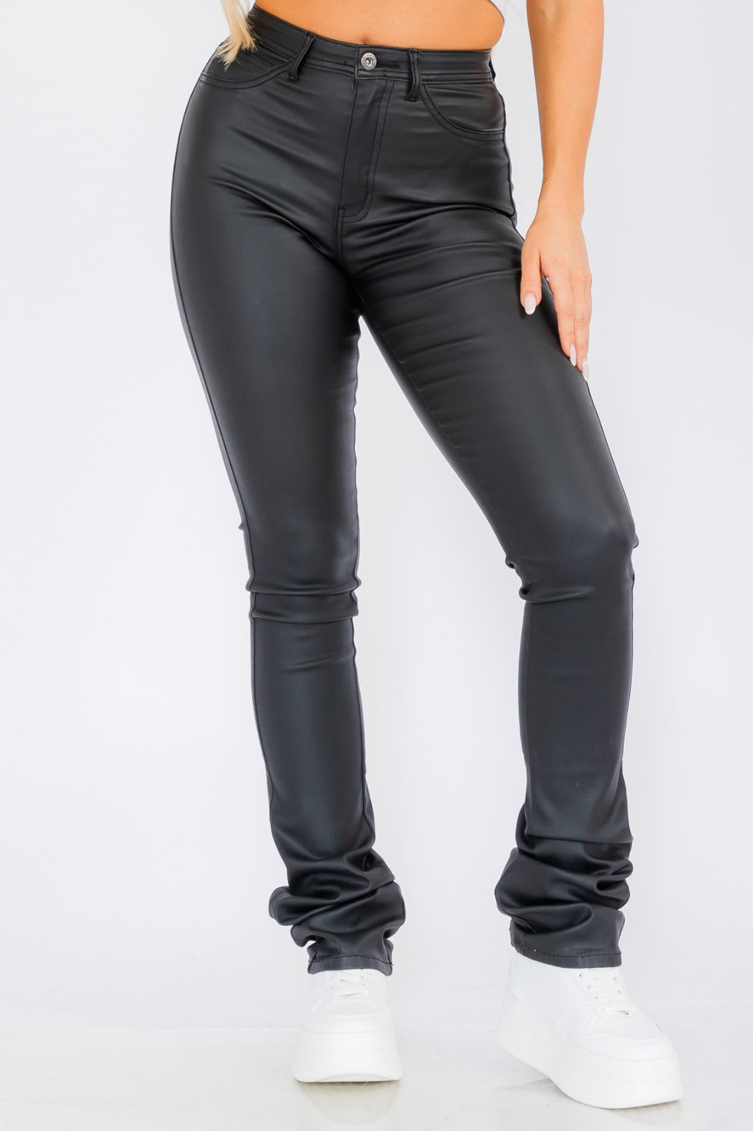 High Waist Faux Leather Stacked Jeans, Women's Fashion Pants