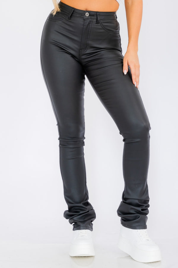 High Waist Faux Leather Stacked Jeans, Women's Fashion Pants