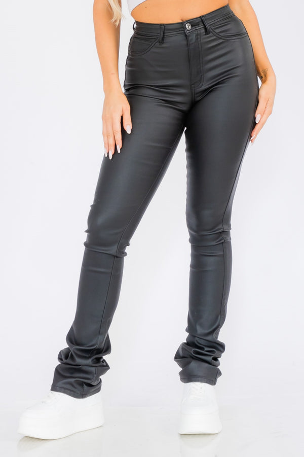 High Waist Faux Leather Stacked Jeans, Women's Fashion Pants