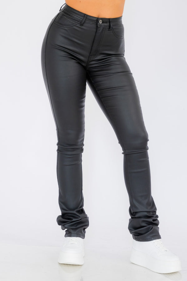 High Waist Faux Leather Stacked Jeans, Women's Fashion Pants
