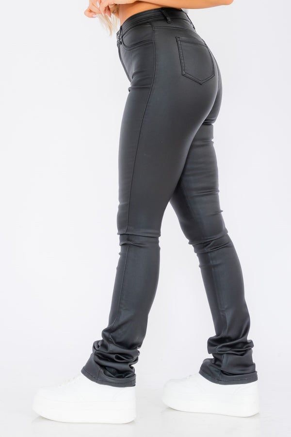 High Waist Faux Leather Stacked Jeans, Women's Fashion Pants