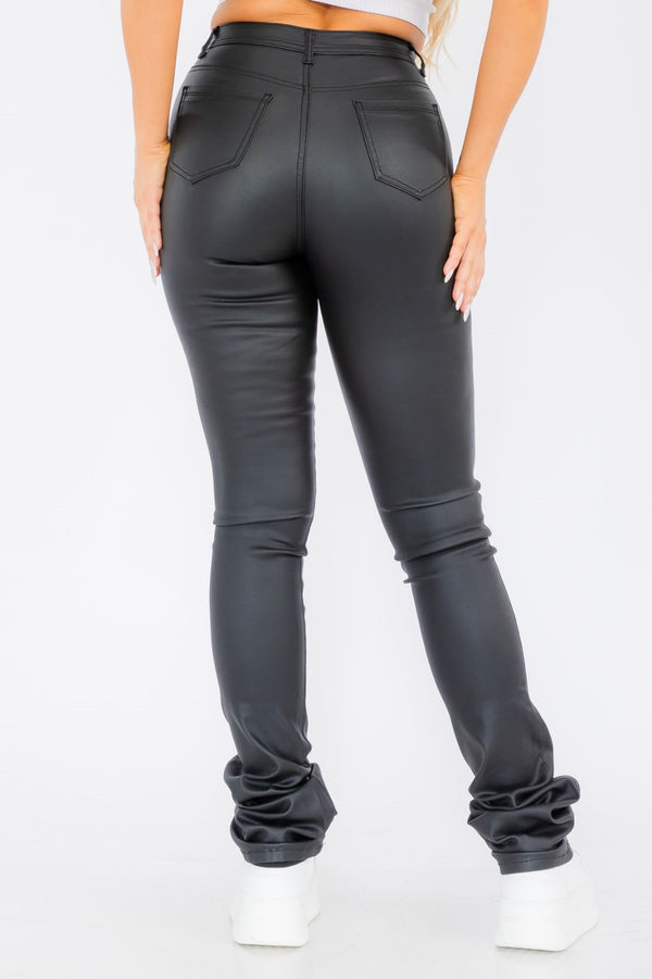 High Waist Faux Leather Stacked Jeans, Women's Fashion Pants