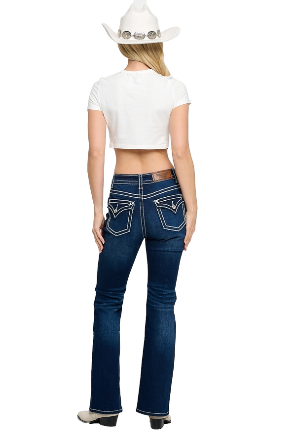 Women's High Waist Boot Cut Jeans with thick White Stitches