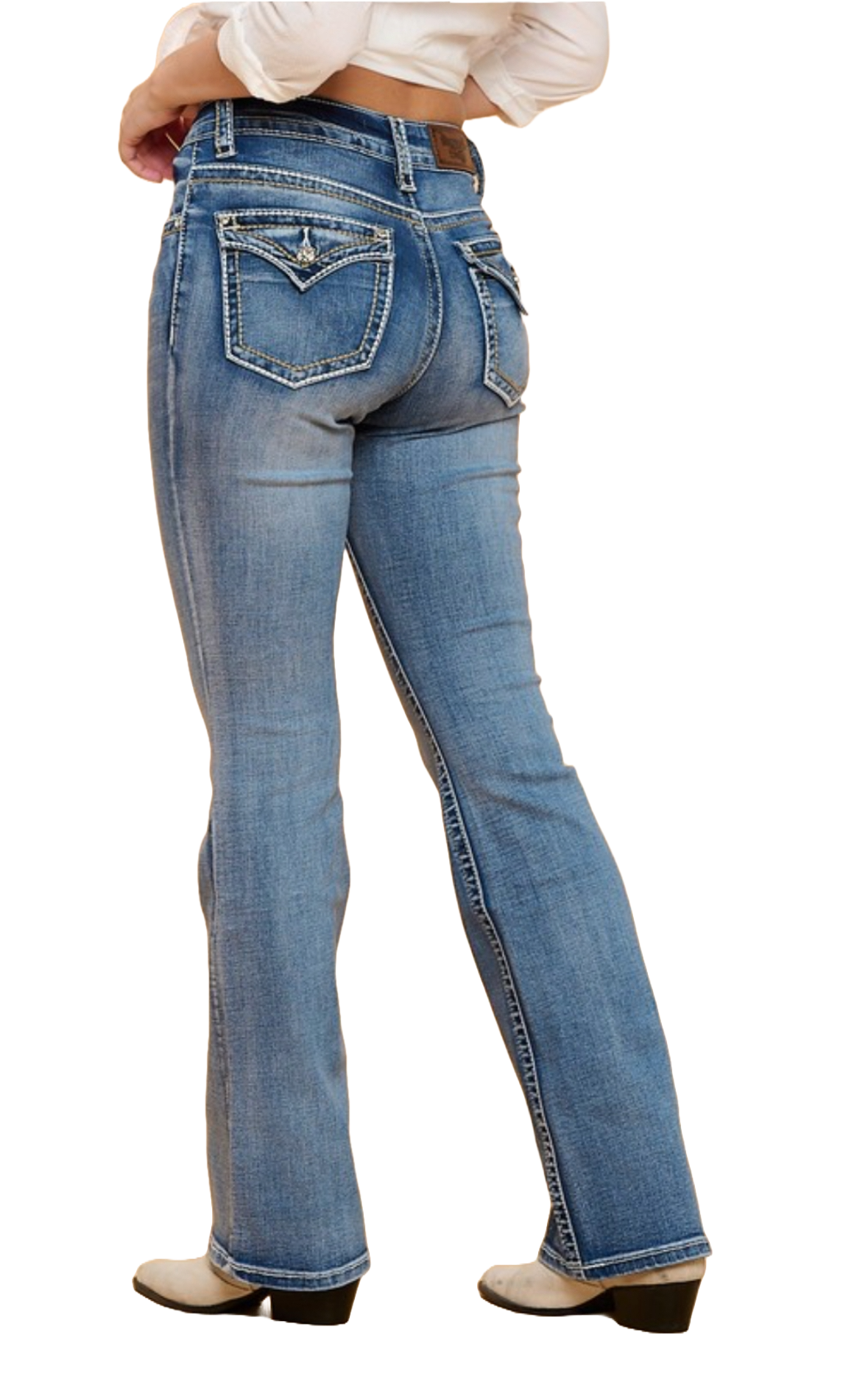 Women's High Waist Boot Cut Jeans with thick White Stitches