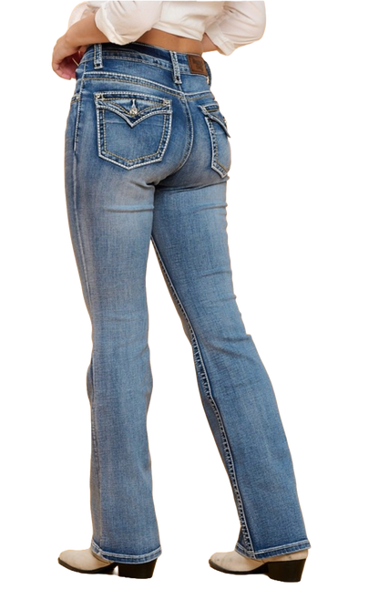 Women's High Waist Boot Cut Jeans with thick White Stitches