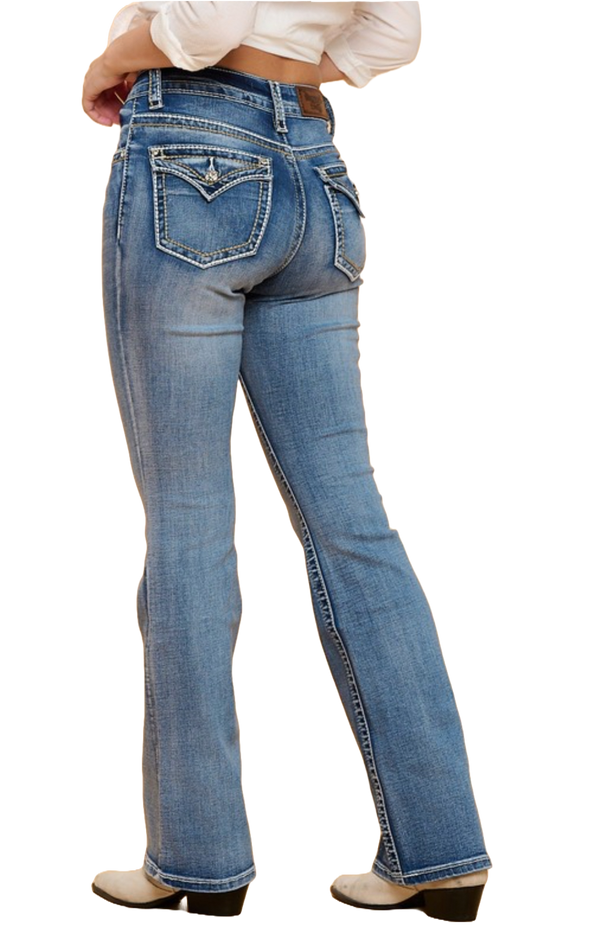Women's High Waist Boot Cut Jeans with thick White Stitches