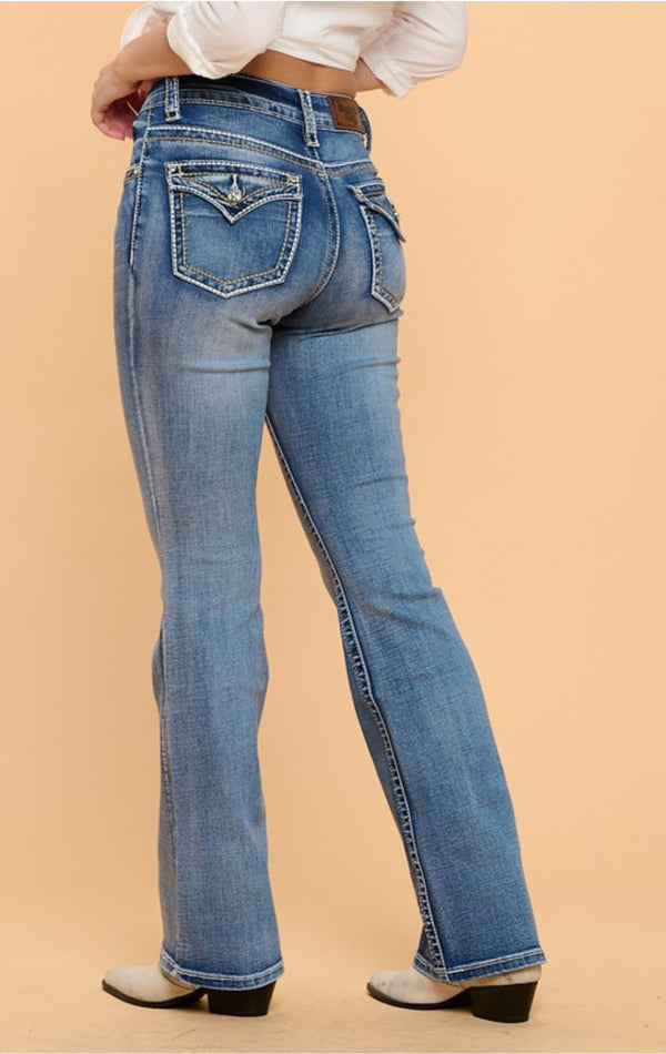 Women's High Waist Boot Cut Jeans with thick White Stitches