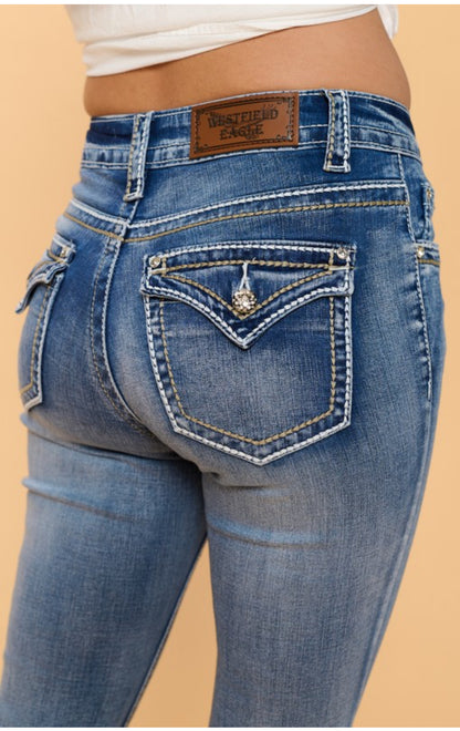 Women's High Waist Boot Cut Jeans with thick White Stitches