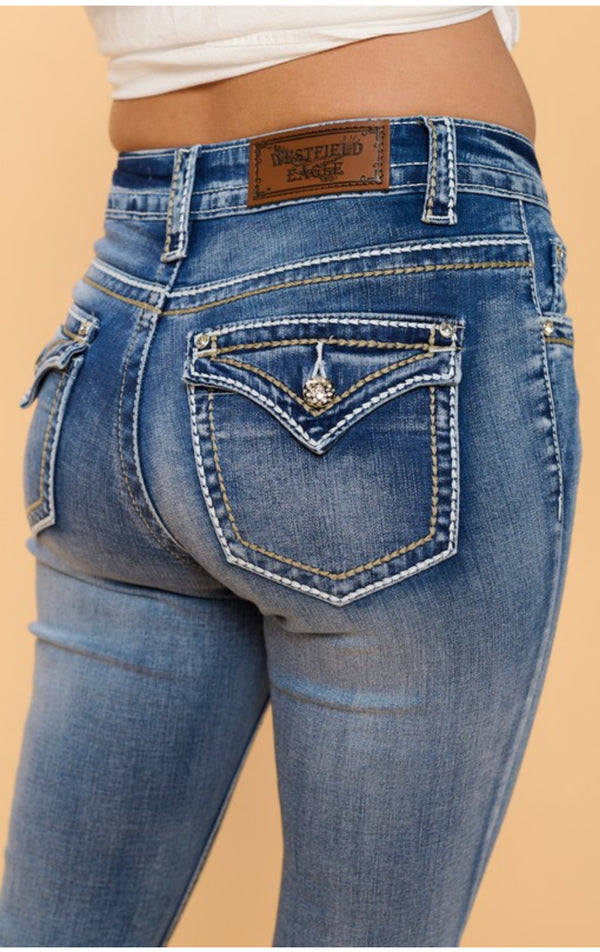 Women's High Waist Boot Cut Jeans with thick White Stitches