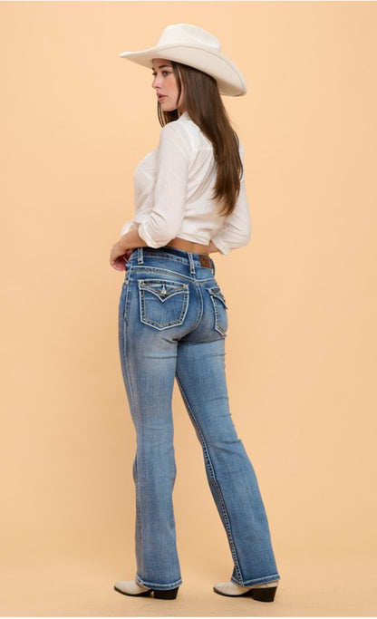 Women's High Waist Boot Cut Jeans with thick White Stitches