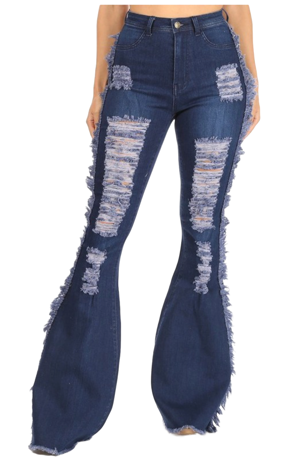 High Waist Distressed Flared Denim Jeans With Side Fringes