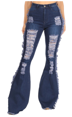 High Waist Distressed Flared Denim Jeans With Side Fringes