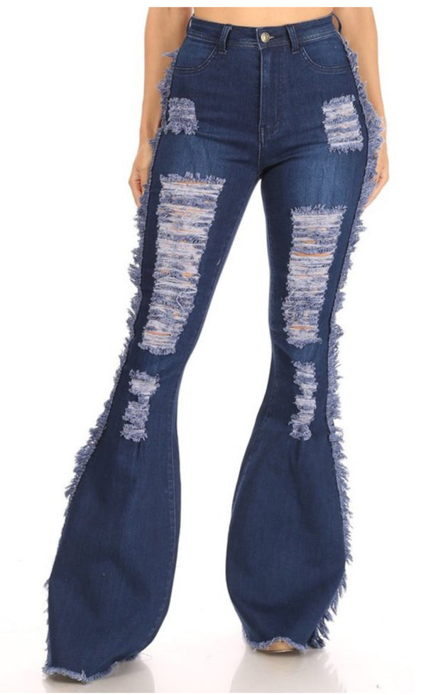 High Waist Distressed Flared Denim Jeans With Side Fringes