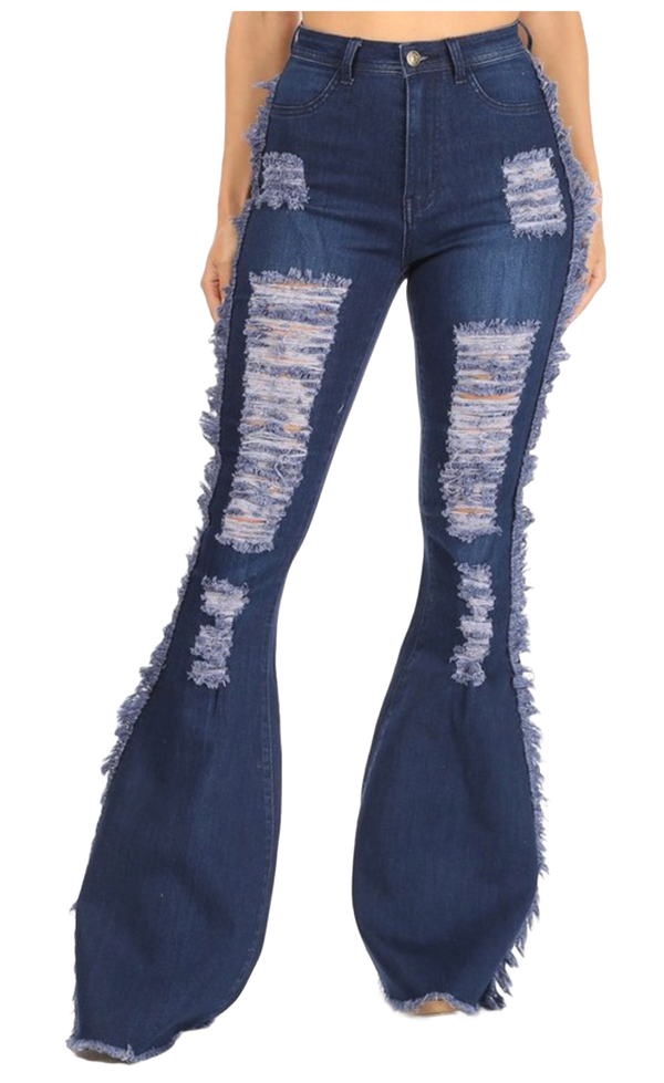 High Waist Distressed Flared Denim Jeans With Side Fringes