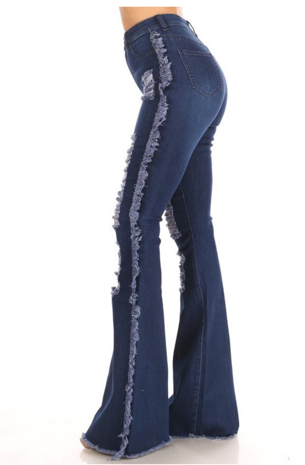 High Waist Distressed Medium Blue Flared Denim Jeans With Side Fringes