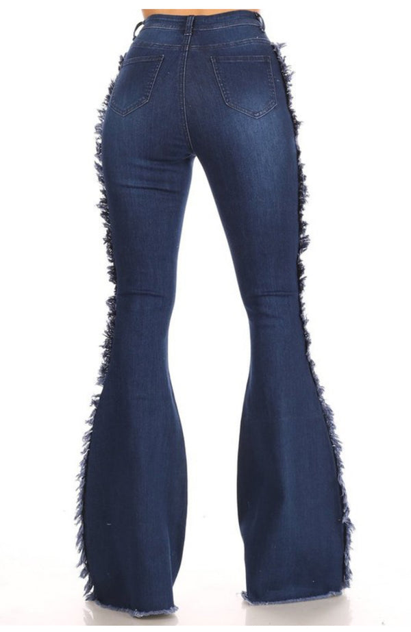 High Waist Distressed Flared Denim Jeans With Side Fringes