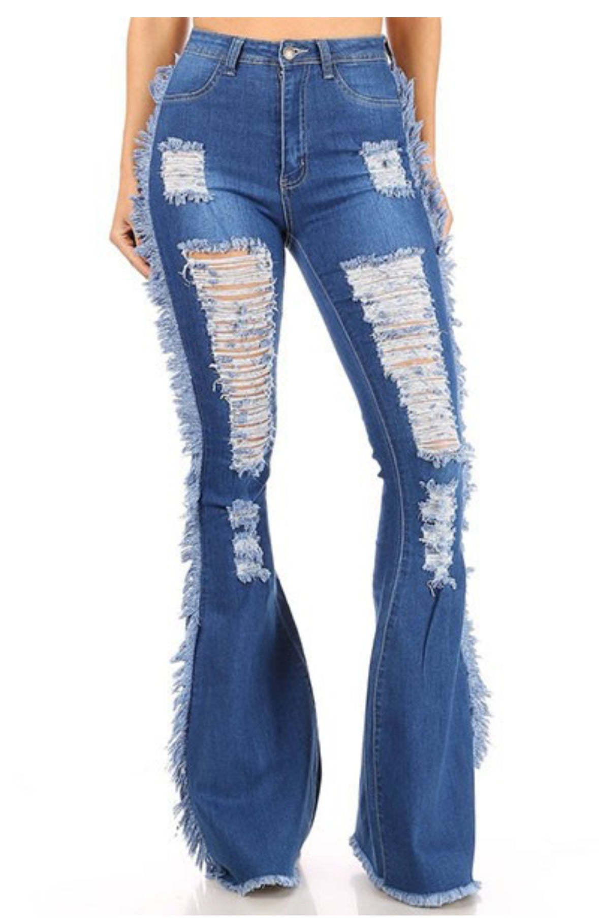 High Waist Distressed Medium Blue Flared Denim Jeans With Side Fringes