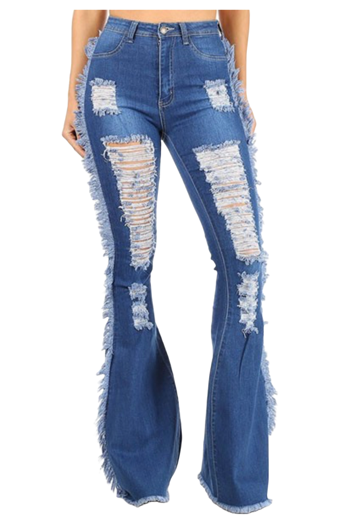 High Waist Distressed Medium Blue Flared Denim Jeans With Side Fringes