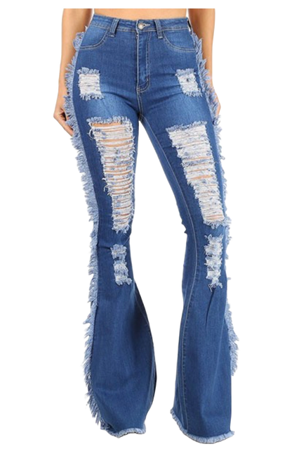 High Waist Distressed Medium Blue Flared Denim Jeans With Side Fringes