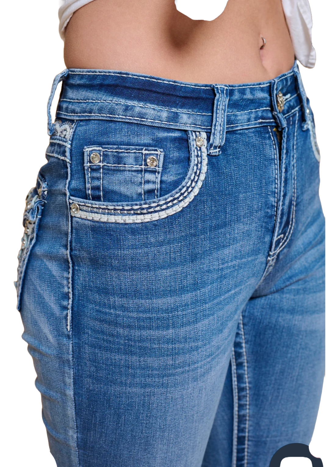Women's High Waist Boot Cut Jeans with Embroidered Waist and Back Pockets