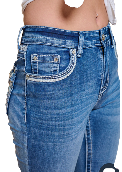 Women's High Waist Boot Cut Jeans with Embroidered Waist and Back Pockets