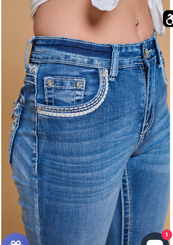 Women's High Waist Boot Cut Jeans with Embroidered Waist and Back Pockets