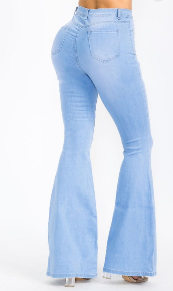 High Waist Flare Bottom Classic Five Button Light Blue Jeans