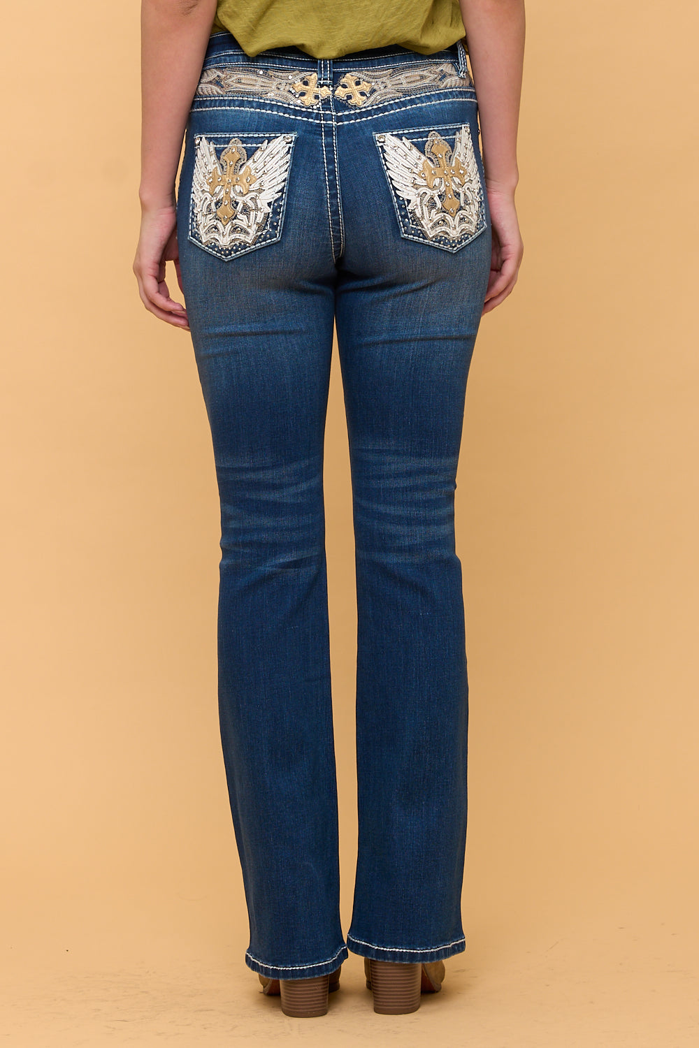 Women's High Waist Boot Cut Jeans with Embroidered Waist and Back Pockets