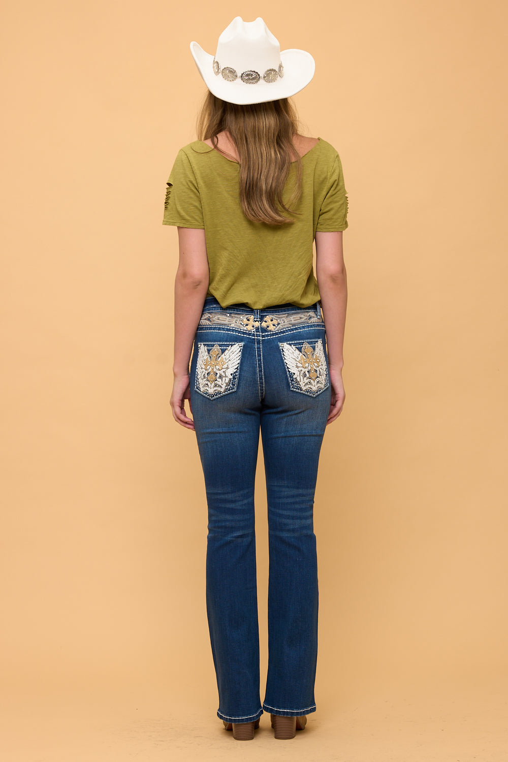 Women's High Waist Boot Cut Jeans with Embroidered Waist and Back Pockets