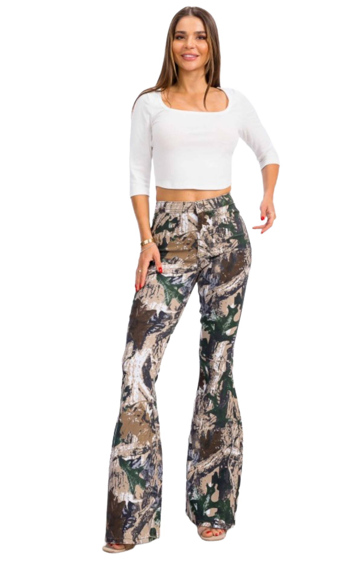 High Waist Flared Bottom Stretchy Camouflage  Hunter Jeans