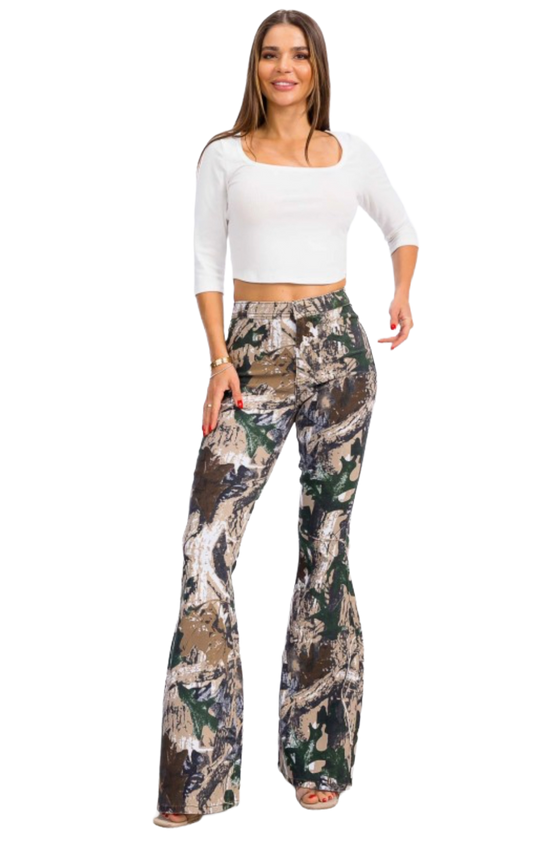 High Waist Flared Bottom Stretchy Camouflage  Hunter Jeans