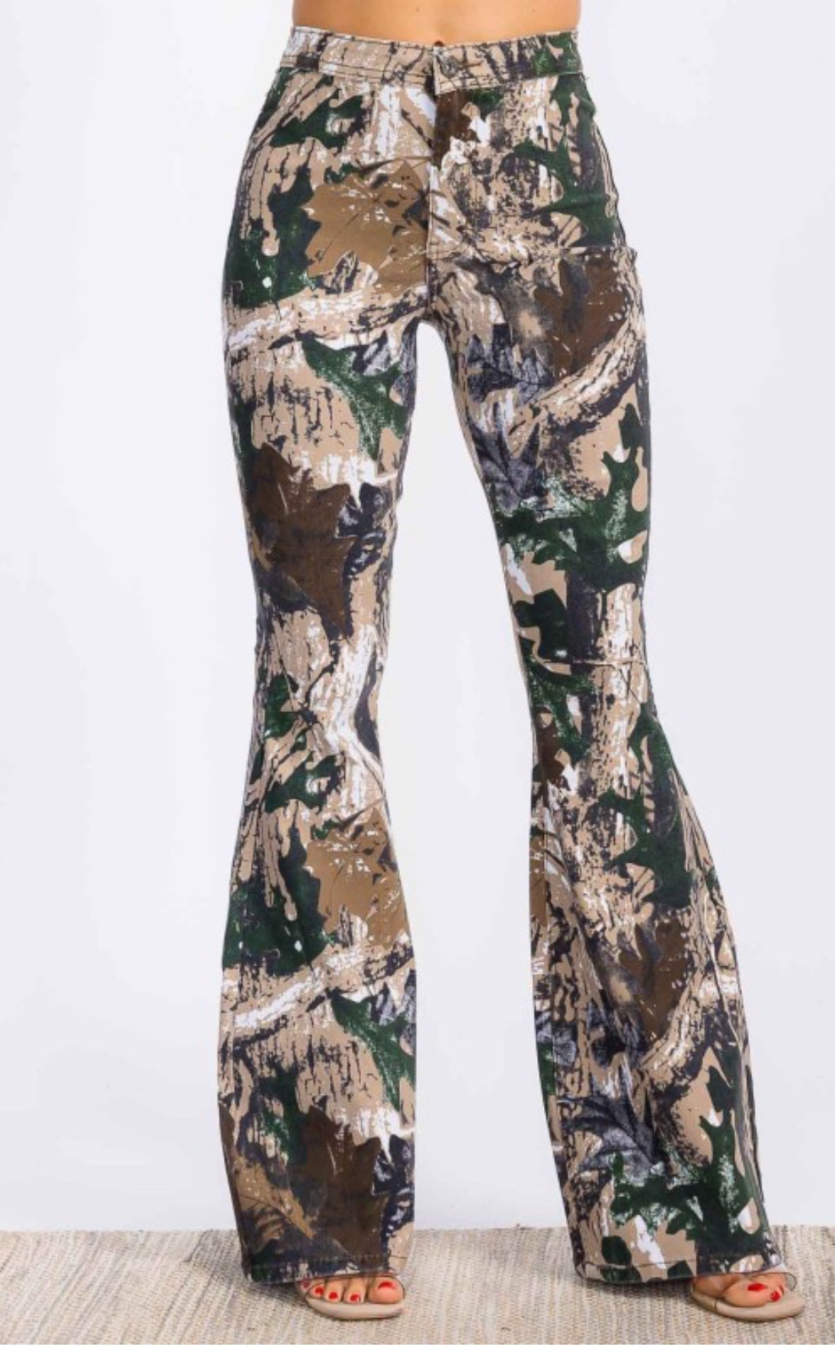 High Waist Flared Bottom Stretchy Camouflage  Hunter Jeans