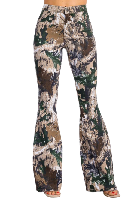 High Waist Flared Bottom Stretchy Camouflage  Hunter Jeans