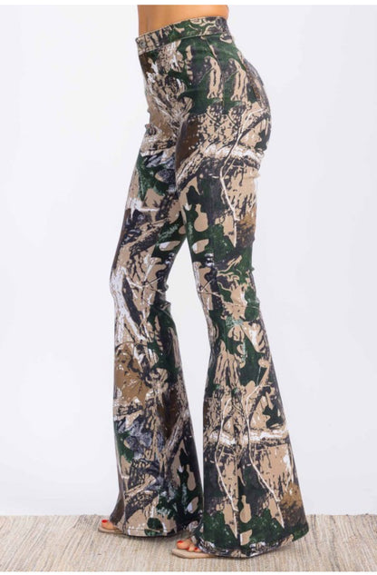High Waist Flared Bottom Stretchy Camouflage  Hunter Jeans