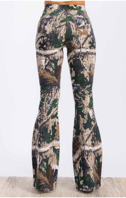 High Waist Flared Bottom Stretchy Camouflage  Hunter Jeans