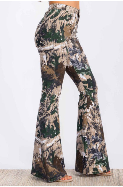 High Waist Flared Bottom Stretchy Camouflage  Hunter Jeans