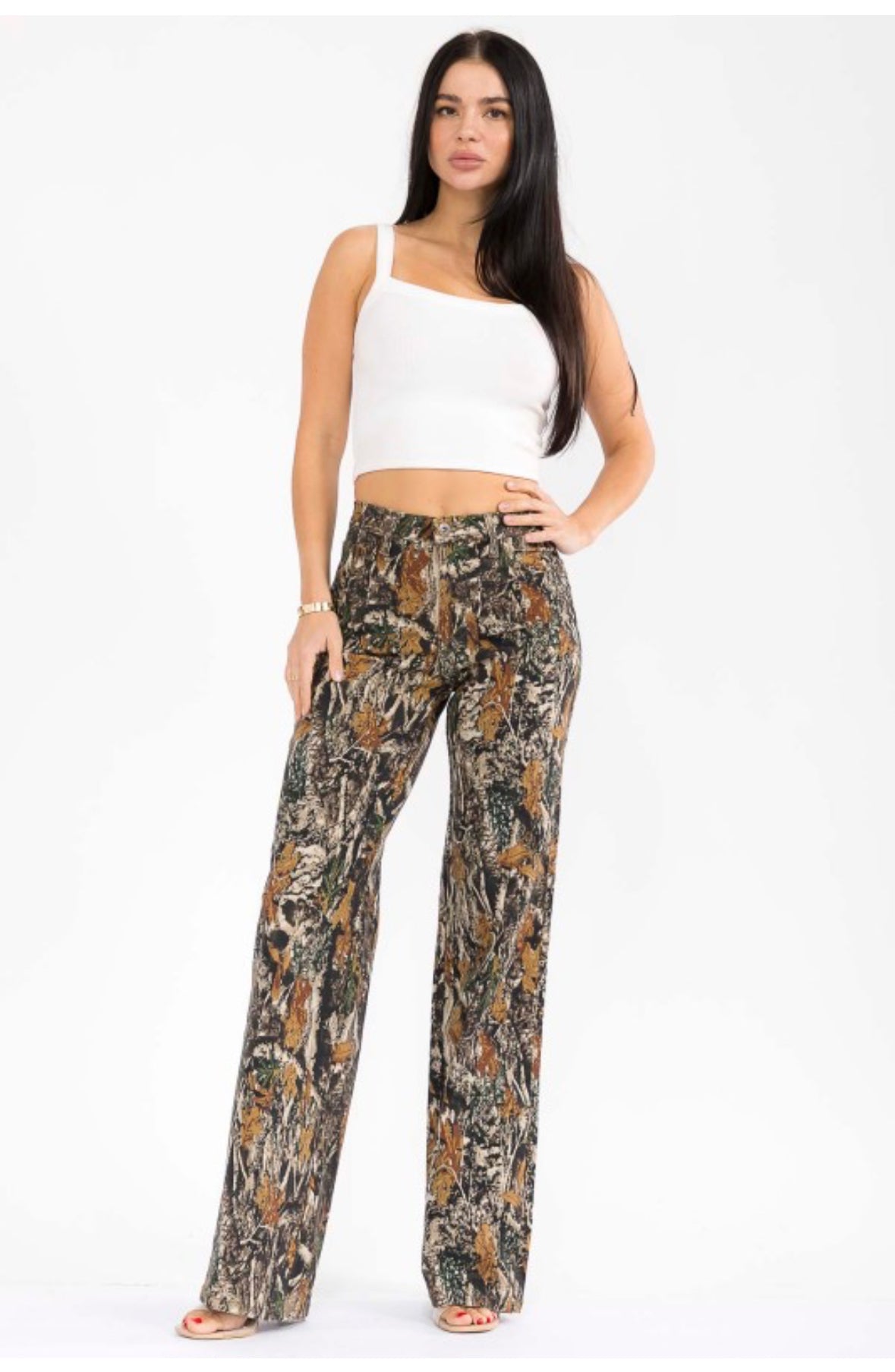 Women's Camouflage Print Wide Leg Pants, High Waist Casual Trousers, Forest Tree Pattern